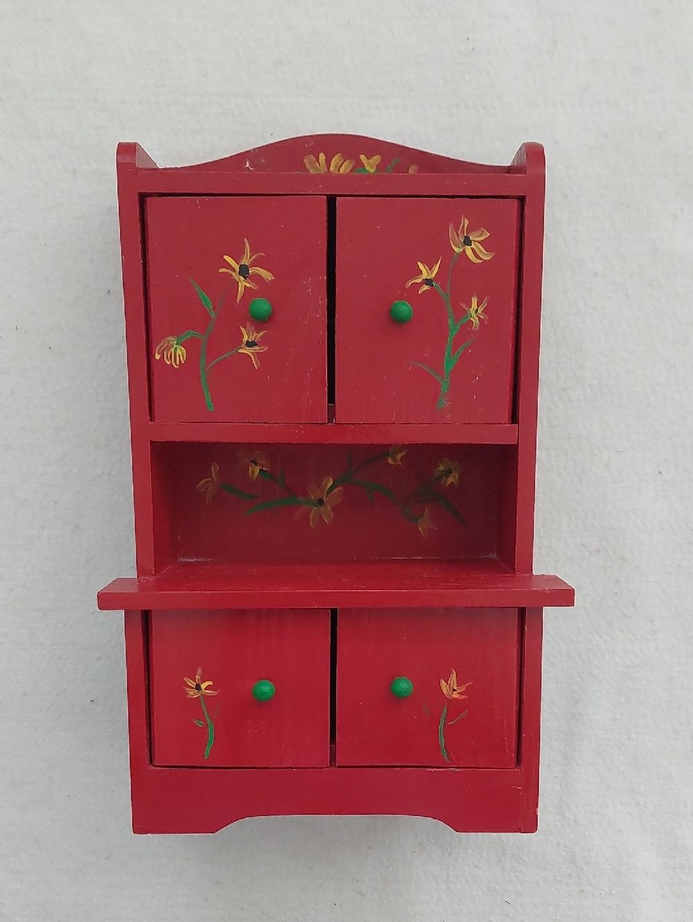 Vintage Red Wooden Dollhouse Step-back Cabinet / Kitchen Hutch